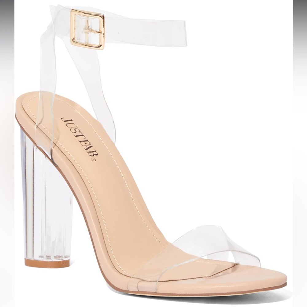 Never worn JustFab Cream and Tan Heels with Clear Straps
